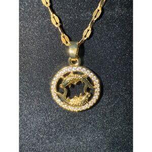 Pisces Zodiac Necklace Gold Tone Cubic Zirconia Pendant Titanium Stainless Steel